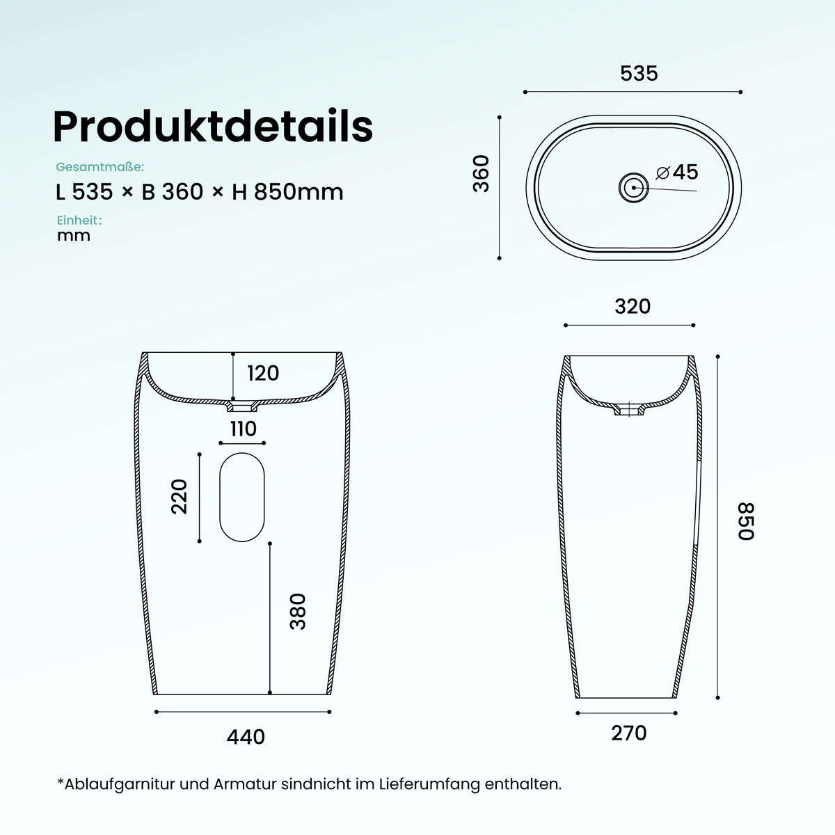 glasvilla Design Standwaschbecken freistehend Col32 aus Mineralguss Waschtisch Standwaschbecken