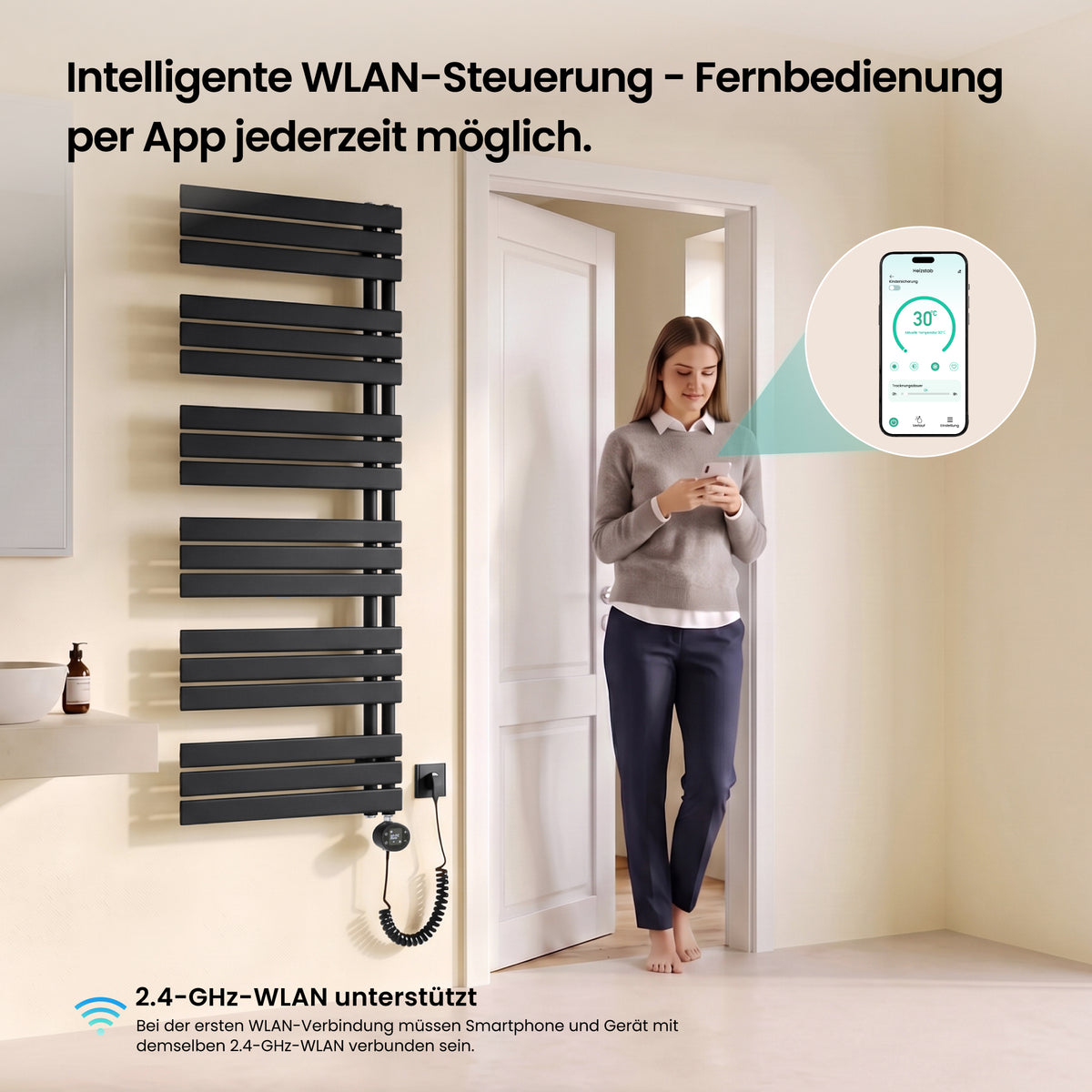glasvilla Badheizkörper,mit Heizstab Badheizung,Handtuchheizkörper mit Seitenanschluss, Handtuchwärmer mit Heizstab 600W/900W, App-Steuerung, Thermostat und Timerfunktion,‎FN con Heizstab-03