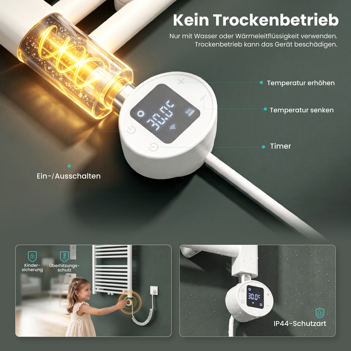 glasvilla Badheizkörper mit Heizstab  Badheizung  Handtuchheizkörper elektrisch mit App-Steuerung, Thermostat & Timer-Funktion, Röhrenheizkörper Seitenanschluss