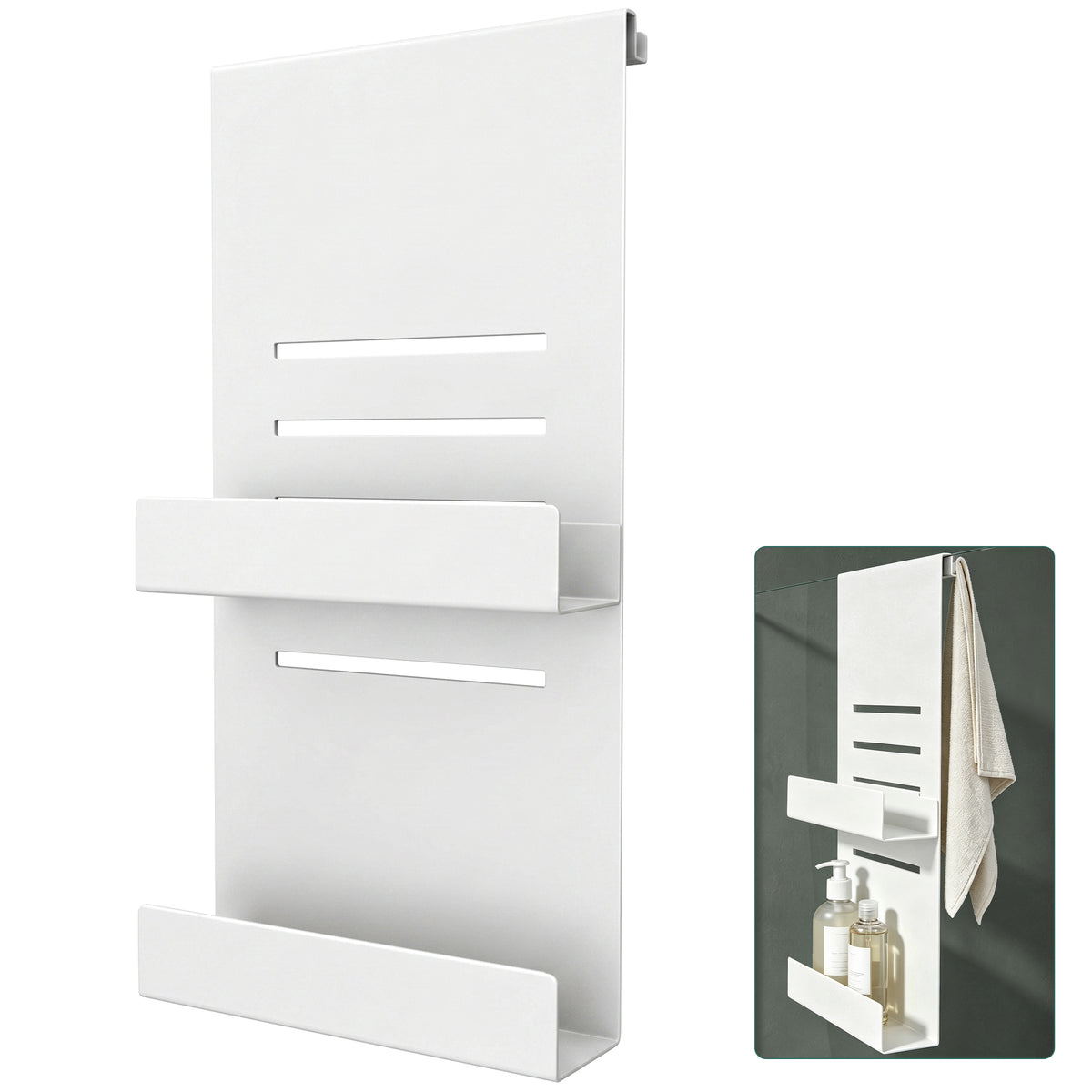 glasvilla Duschablage zum Hängen, Duschregal Ohne Bohren für Glasduschtüren, Hängeregal mit 2 Etagen und 3 Haken, Badezimmer Organizer  Oryne-01
