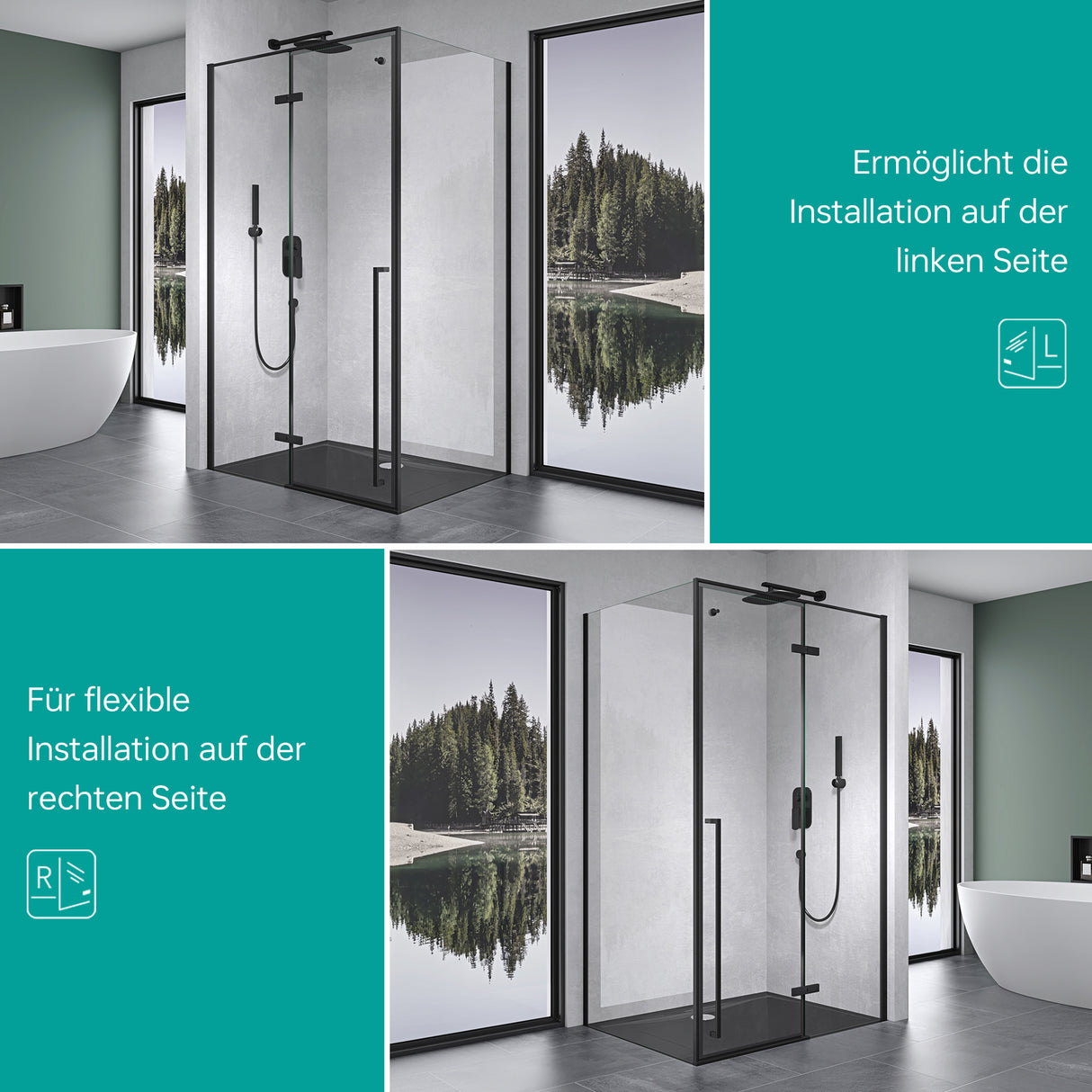 Paroi de douche Glasvilla noire, cloison de douche en verre trempé de 6 mm avec revêtement NANO en verre transparent et crochet porte-serviettes Rav64K