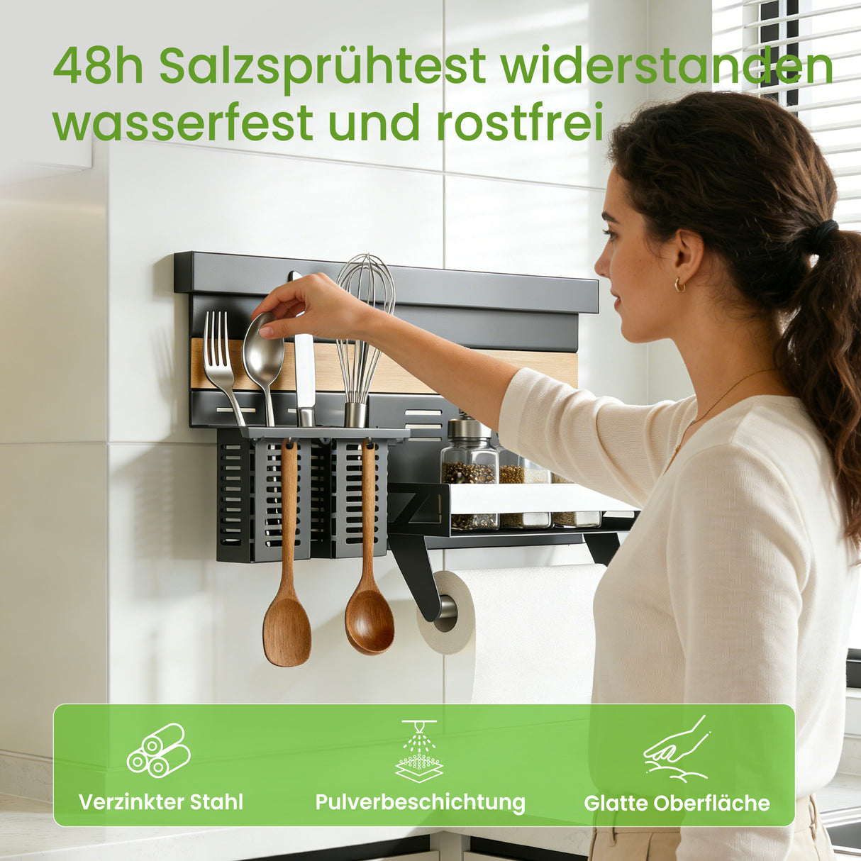 glasvilla -Stöckiges Gewürzregal Küche mit Handyhalter und Utensilientöpfe inkl. 5 Haken, Multifunktional Küchenregal abnehmbar mit Schiene , Küchen Organizer Reglo-09-12