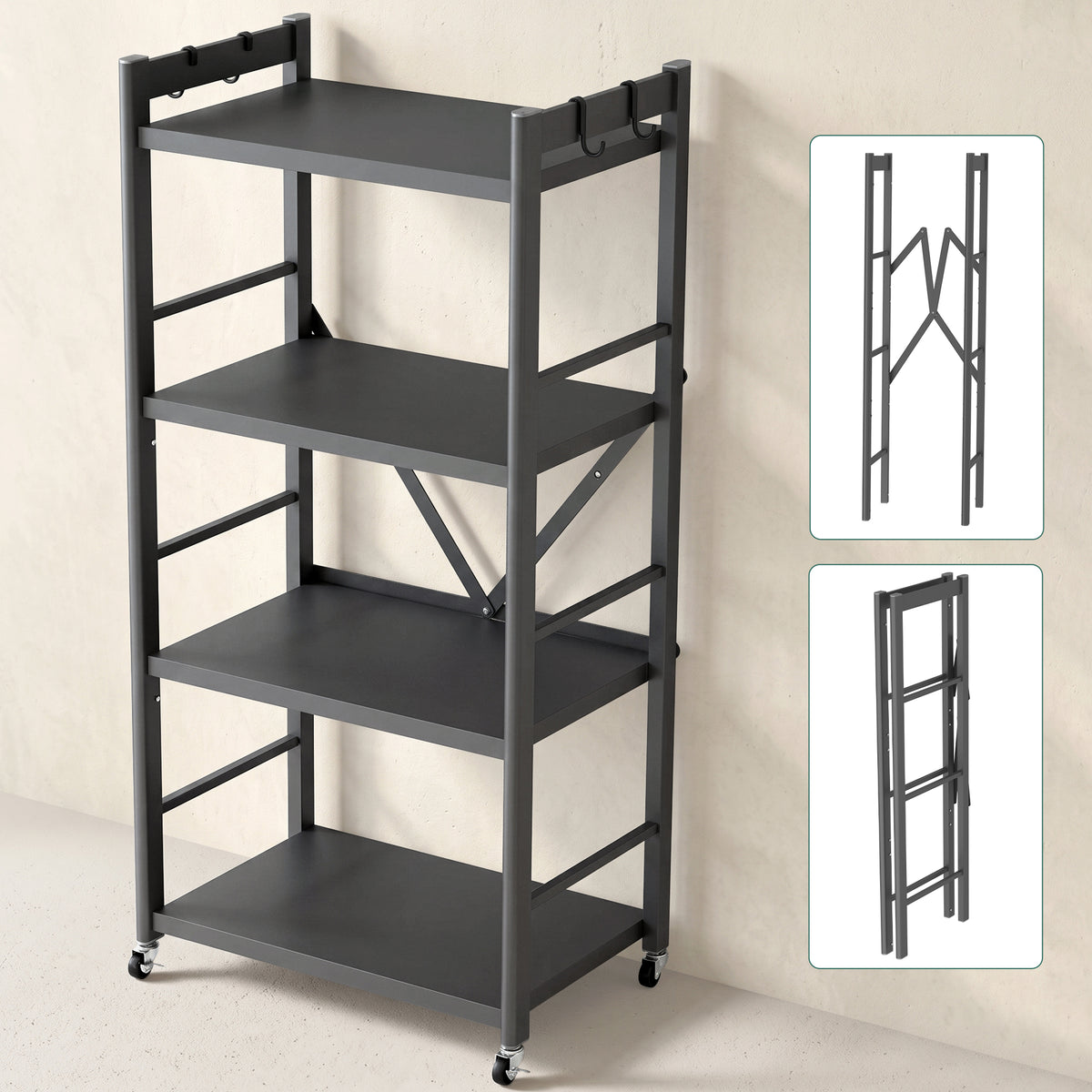 Glasvilla küchenregal stehend mit 4 Ebenen, Standregal küchen mit 4 Lenkrollen und Seitlichen Haken, Küchen Organizer für Mikrowelle, Töpfe & Gewürze,  Reglo-13