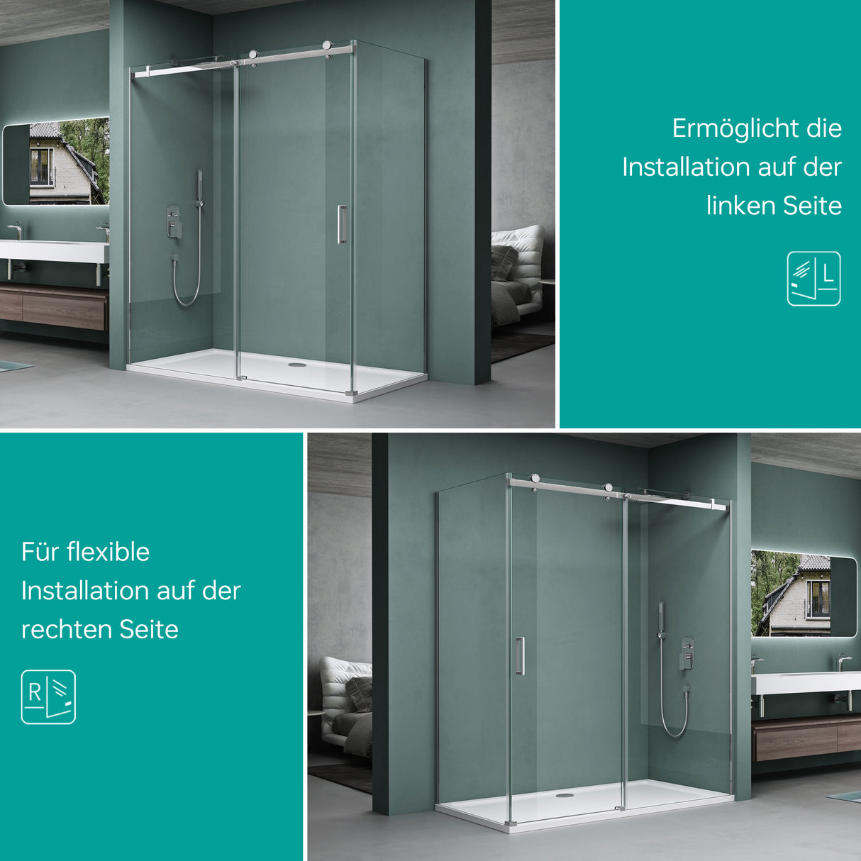 Cabine de douche d'angle Glasvilla en verre de sécurité ESG 8 mm, revêtement NANO double face, porte coulissante, douche R-17