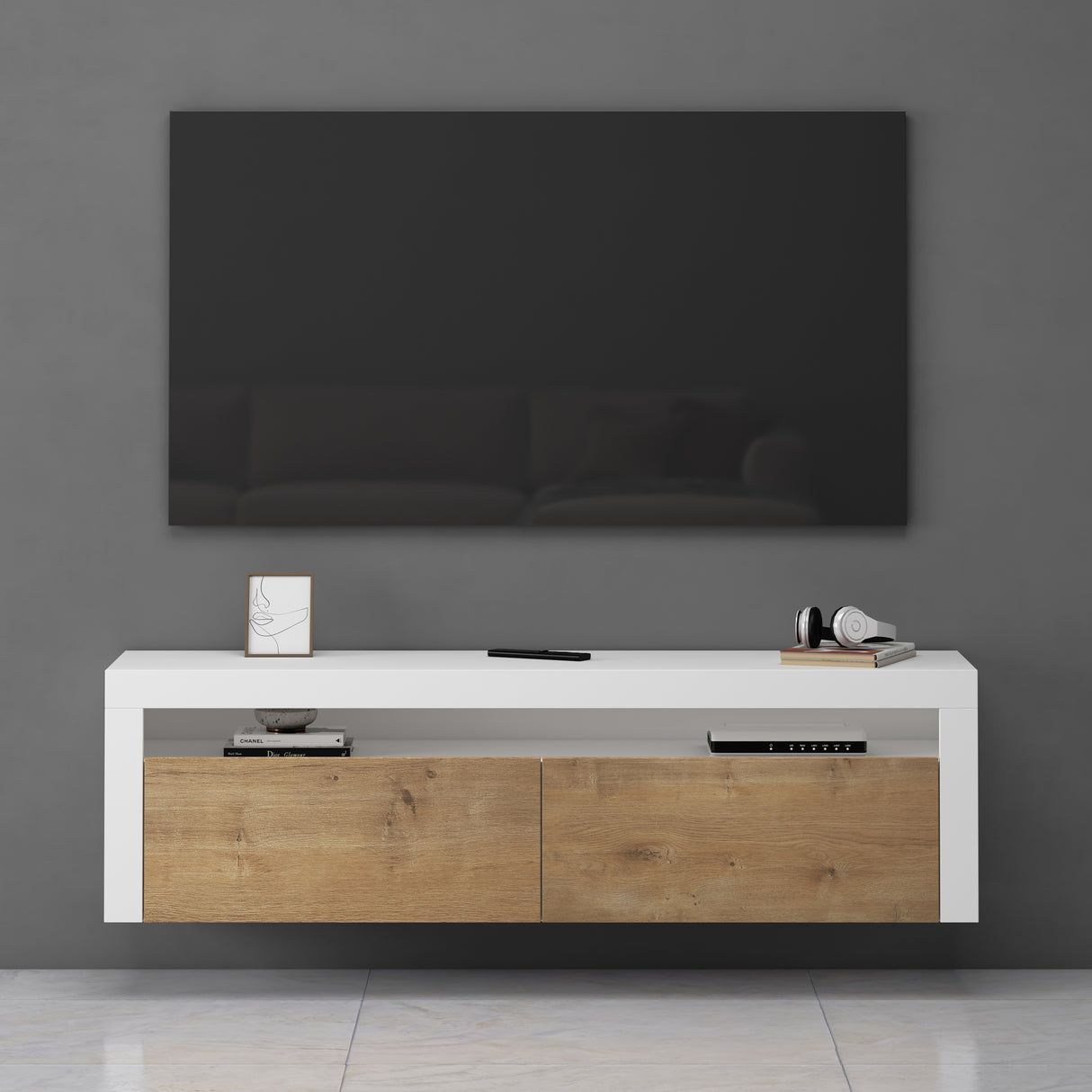 Meuble TV glasvilla Meuble TV bas meuble mural 2 portes avec fermeture amortie Table TV pour salon LTH: 160x40x46 cm Fernsehschrank01