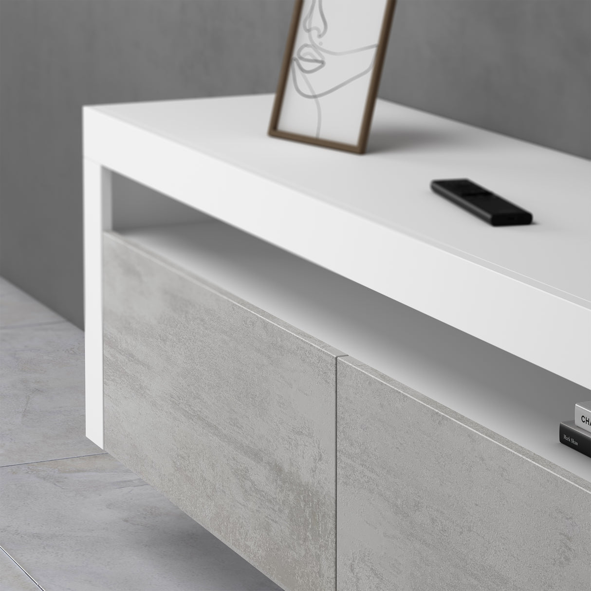 Meuble TV glasvilla Meuble TV bas meuble mural 2 portes avec fermeture amortie Table TV pour salon LTH: 160x40x46 cm Fernsehschrank01