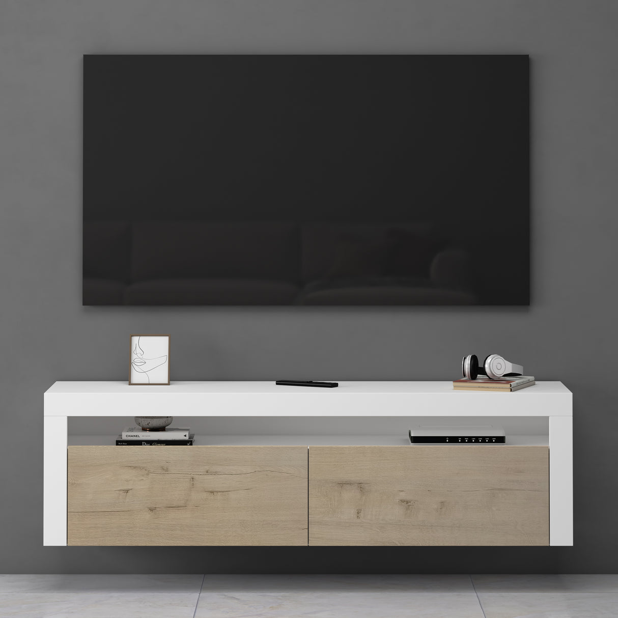 Meuble TV glasvilla Meuble TV bas meuble mural 2 portes avec fermeture amortie Table TV pour salon LTH: 160x40x46 cm Fernsehschrank01