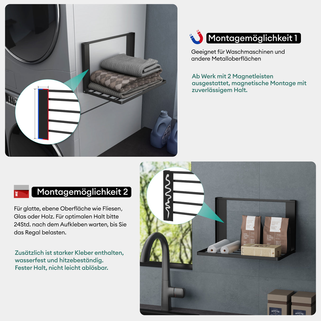 Toallero y Estante Plegable Glasvilla Folda-01 Magnético o Adhesivo sin Taladro (41 × 25 cm)