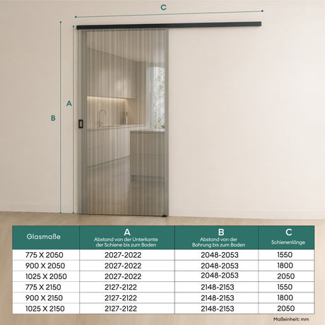 glasvilla Glasschiebetür komplettset Zimmertür Matt Schwarz 8mm ESG-Sicherheitsglas, Schiebetür Glas schwarz gebürstet mit Laufschiene aus Aluminium Muranino-001