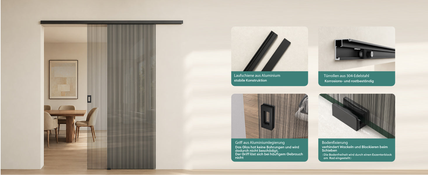 glasvilla Glasschiebetür komplettset Zimmertür Matt Schwarz 8mm ESG-Sicherheitsglas, Schiebetür Glas schwarz gebürstet mit Laufschiene aus Aluminium Muranino-001