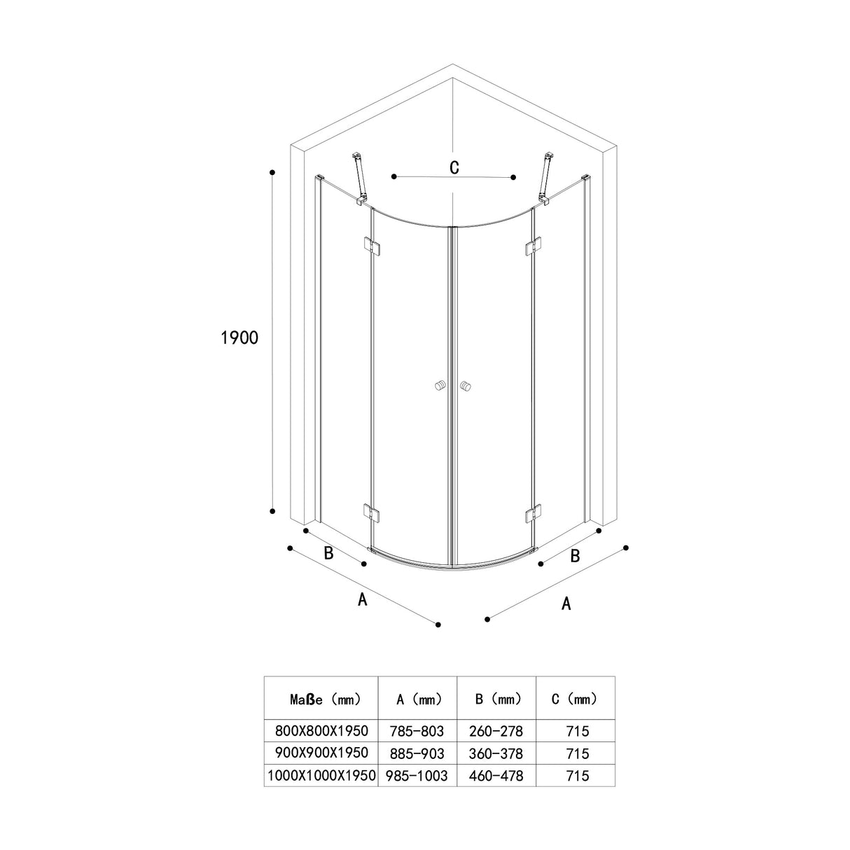 Cabine de douche quart de cercle Glasvilla, cabine de douche ronde en verre dépoli, 2 portes battantes, verre de sécurité ESG 6 mm, nano-revêtement R02K+VS