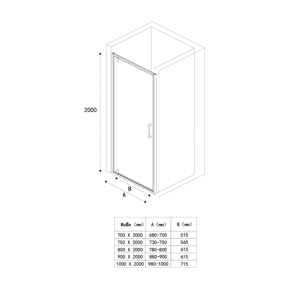glasvilla Duschtür Nischentür dusche Duschabtrennung Duschkabine Nischendrehtür Duschwand 8mm Klarglas ESG-Sicherheitsglas mit Nanobeschichtung Teramo61K