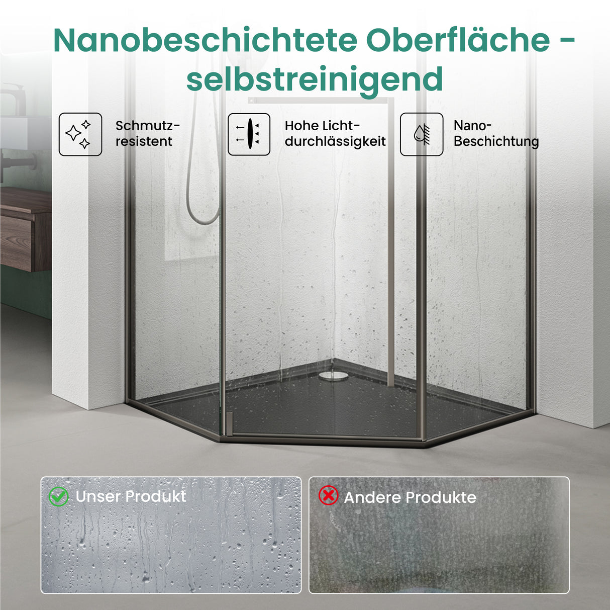glasvilla Fünfeckdusche mit Drehtür Duschkabine Eckdusche 8mm ESG-Sicherheitsglas Nano-Beschichtung Duschabtrennung Ravenna68K-Plus