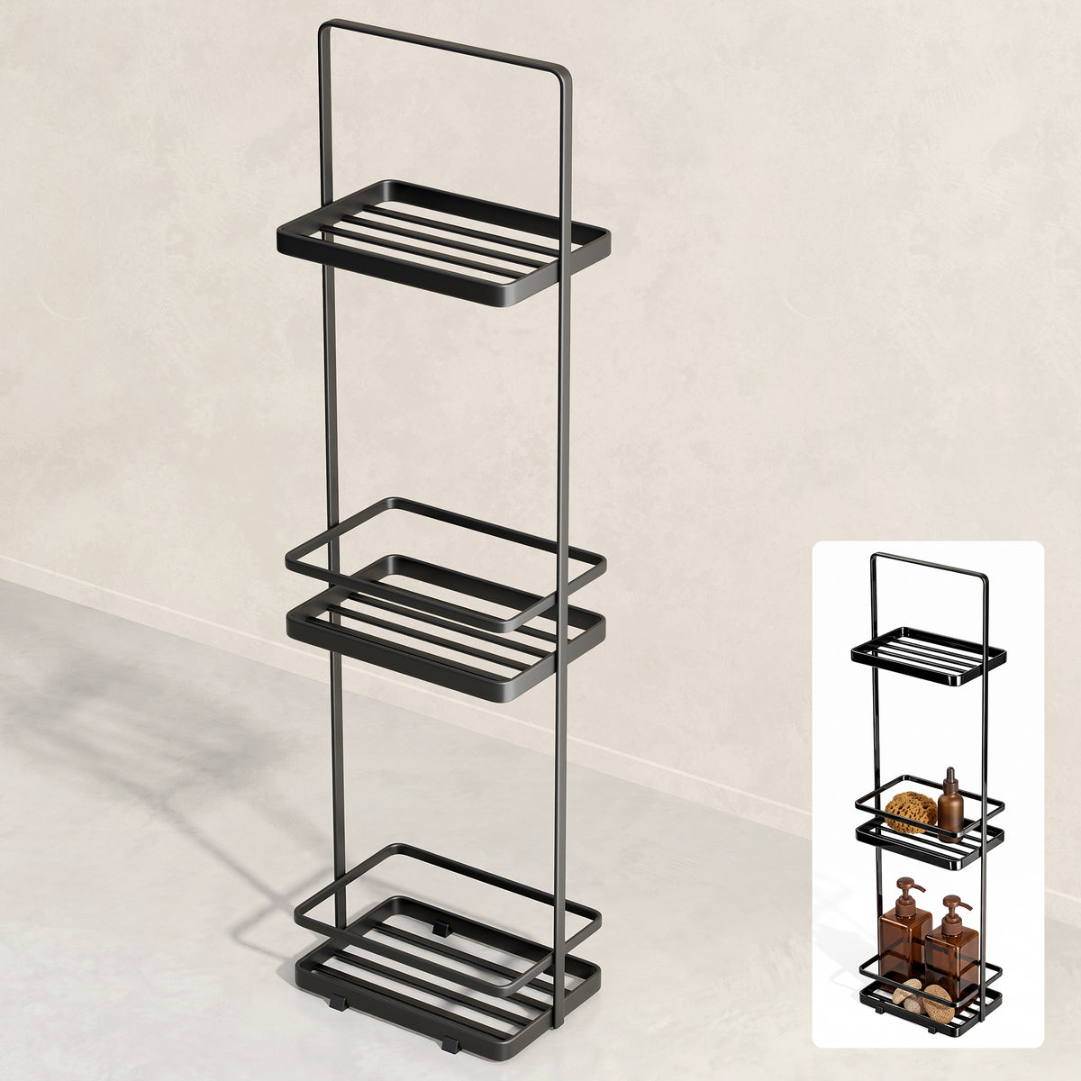 glasvilla Scaffale da Bagno di 3 Livelli 18x12.5x67.3cm, Scaffale Portaoggetti in Metallo Robusto con 4 Piedini Antiscivolo per Doccia, Reglo-02