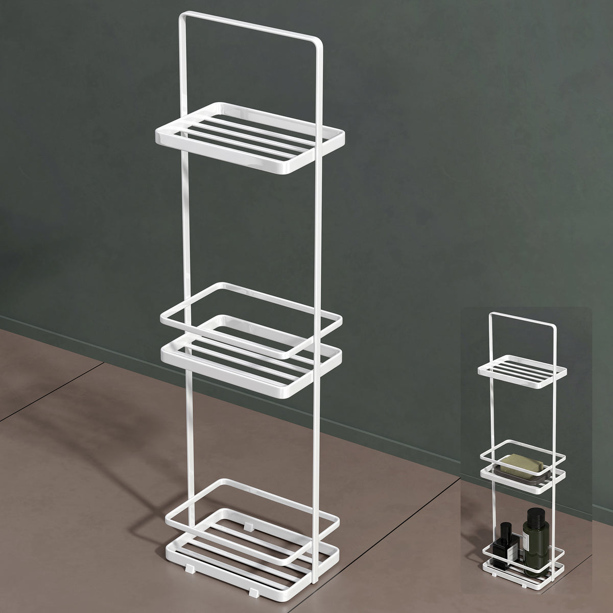 glasvilla Scaffale da Bagno di 3 Livelli 18x12.5x67.3cm, Scaffale Portaoggetti in Metallo Robusto con 4 Piedini Antiscivolo per Doccia, Reglo-02
