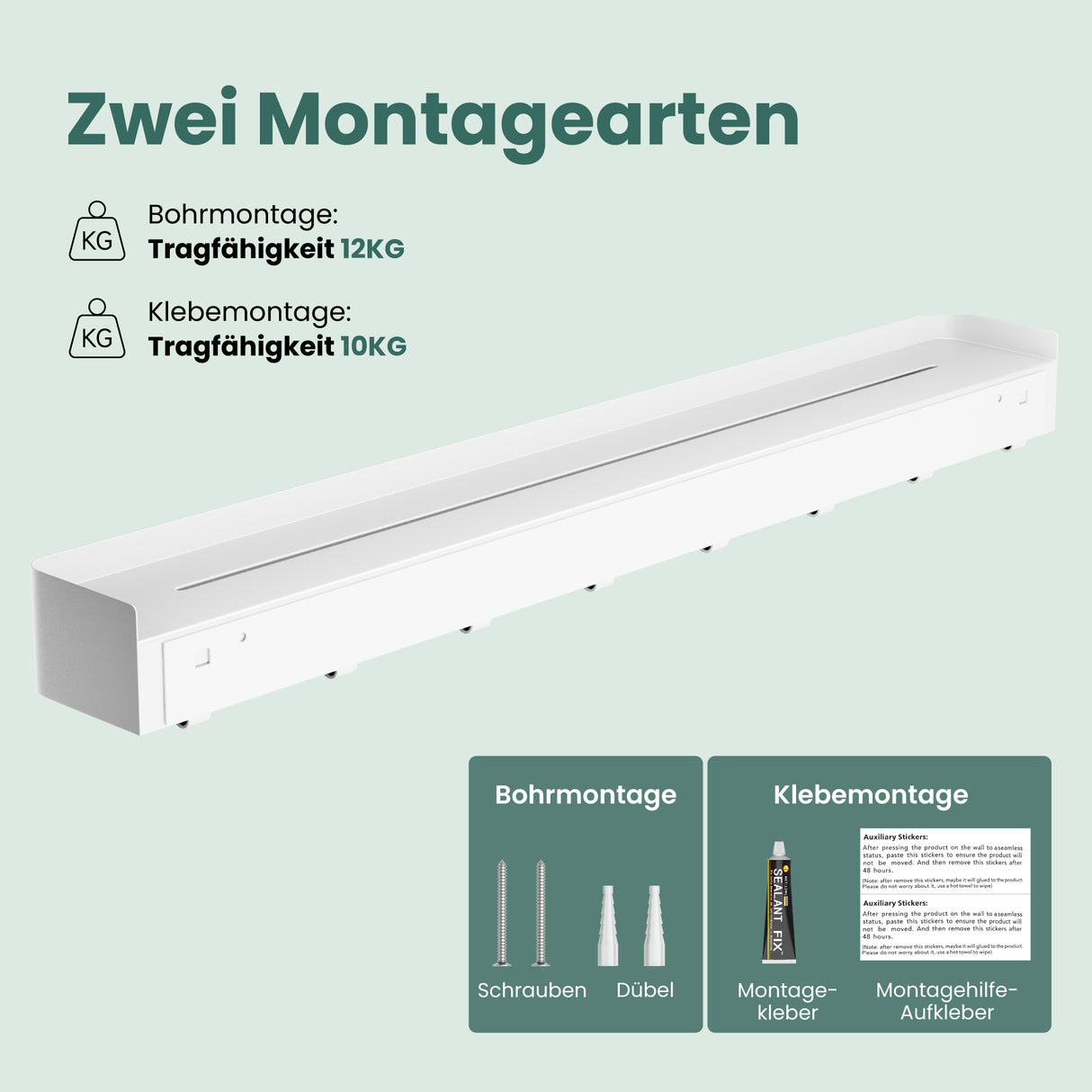 glasvilla Duschablage zum Bohren oder Kleben, Duschregal mit Haken, Badablage zur Wandmontage, Badezimmer Organizer Reglo-05