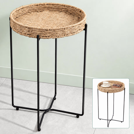 glasvilla Beistelltisch rund , Couchtisch klein mit abnehmbarem Tablett aus Papierkordel, Sofatisch für Wohnzimmer, Schlafzimmer und Balkon,  Reglo-08