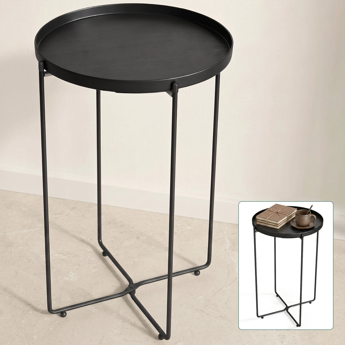 glasvilla Beistelltisch , Couchtisch klein mit abnehmbarem Tablett aus PP-Kunststoff, Sofatisch für Wohnzimmer, Schlafzimmer und Balkon, Reglo-08