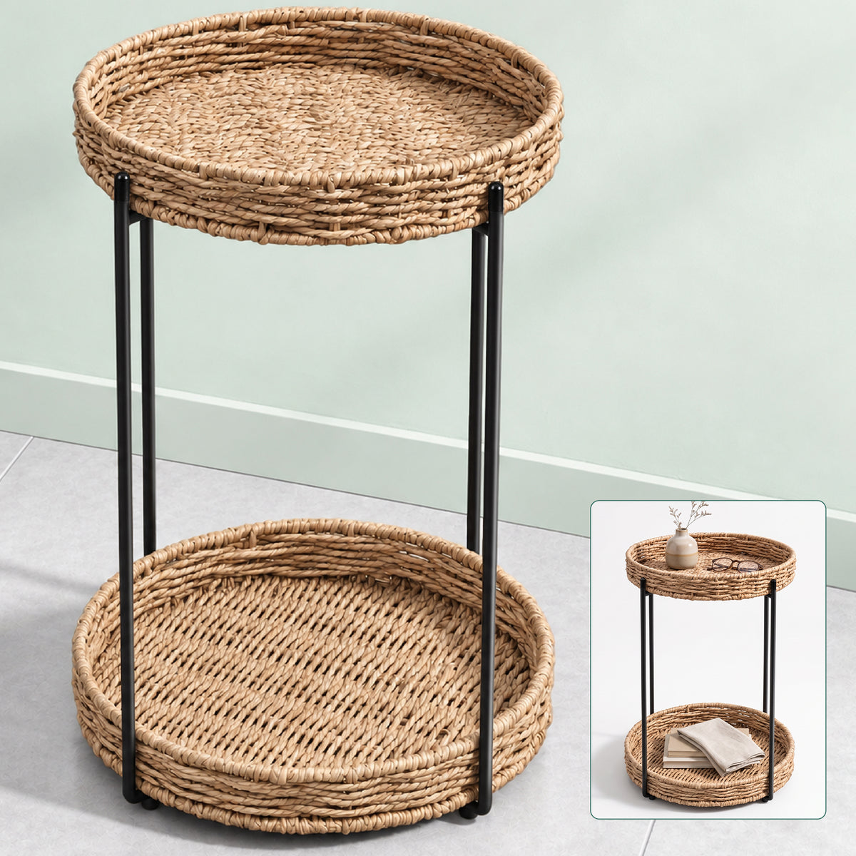glasvilla Beistelltisch rund , Couchtisch klein mit abnehmbarem Tablett aus Papierkordel, Sofatisch für Wohnzimmer, Schlafzimmer und Balkon,  Reglo-08