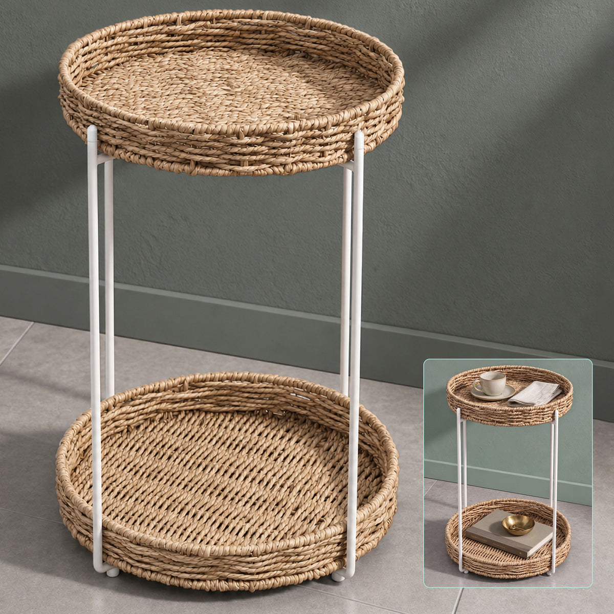 glasvilla Beistelltisch rund , Couchtisch klein mit abnehmbarem Tablett aus Papierkordel, Sofatisch für Wohnzimmer, Schlafzimmer und Balkon,  Reglo-08