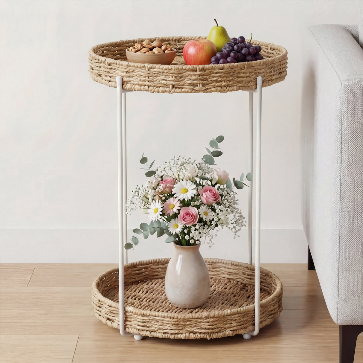 glasvilla Table basse ronde, petite table d'appoint avec plateau amovible en corde de papier, table de canapé pour salon, chambre à coucher et balcon, Reglo-08