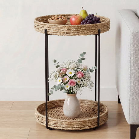 glasvilla Table basse ronde, petite table d'appoint avec plateau amovible en corde de papier, table de canapé pour salon, chambre à coucher et balcon, Reglo-08