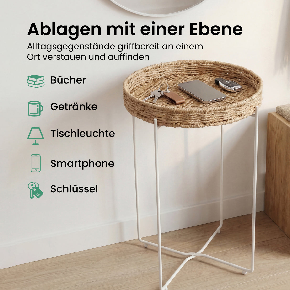 glasvilla Table basse ronde, petite table d'appoint avec plateau amovible en corde de papier, table de canapé pour salon, chambre à coucher et balcon, Reglo-08