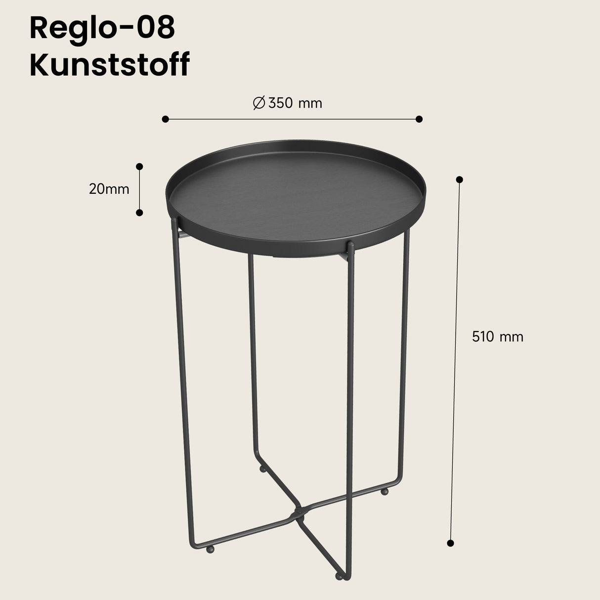 glasvilla Tavolino Salotto Rotondo con Vassoio Rimovibile, Telaio in Metallo Pieghevole, Vassoio di PP, Tavolino Moderno per Soggiorno, Camera da Letto, Reglo-08