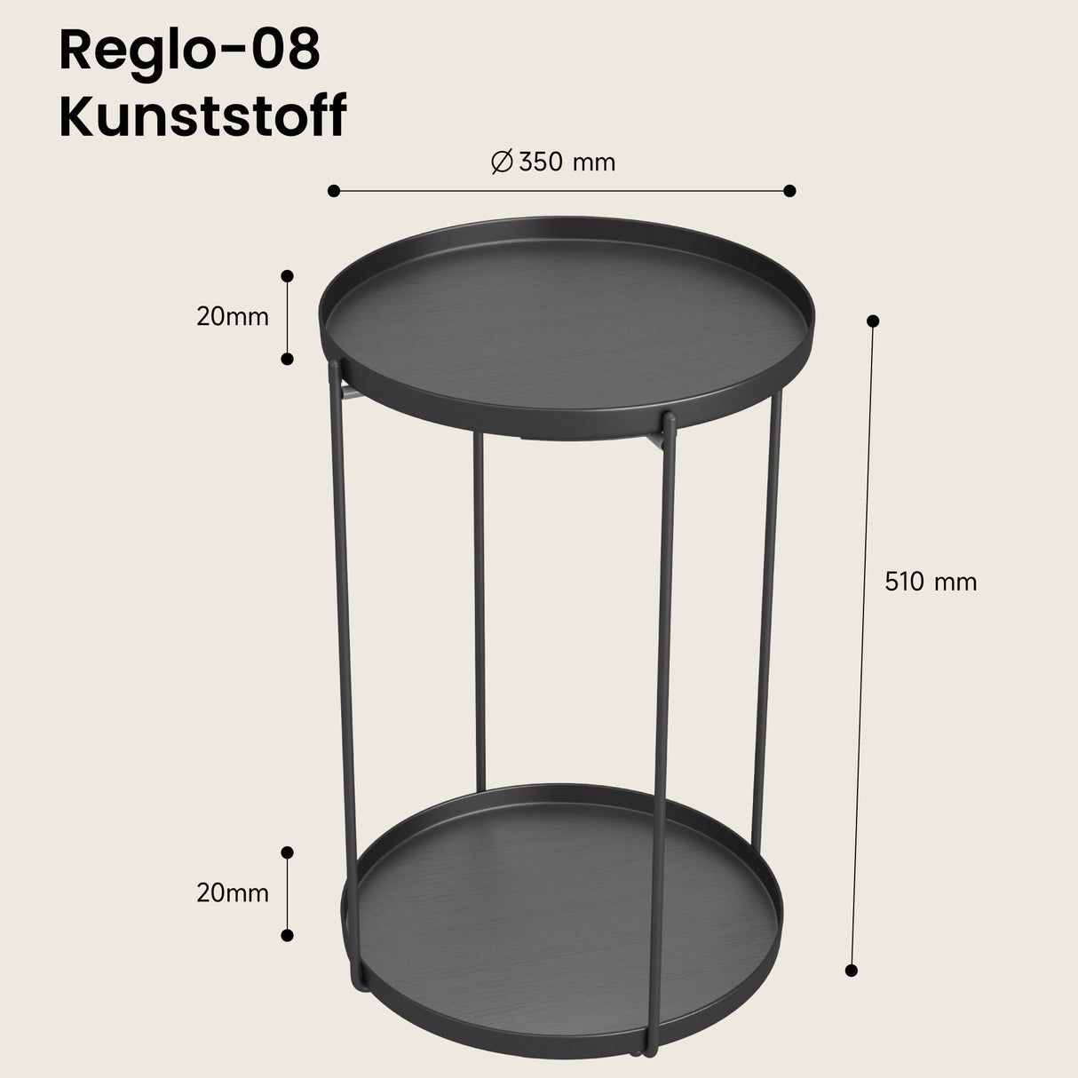 glasvilla Tavolino Salotto Rotondo con Vassoio Rimovibile, Telaio in Metallo Pieghevole, Vassoio di PP, Tavolino Moderno per Soggiorno, Camera da Letto, Reglo-08
