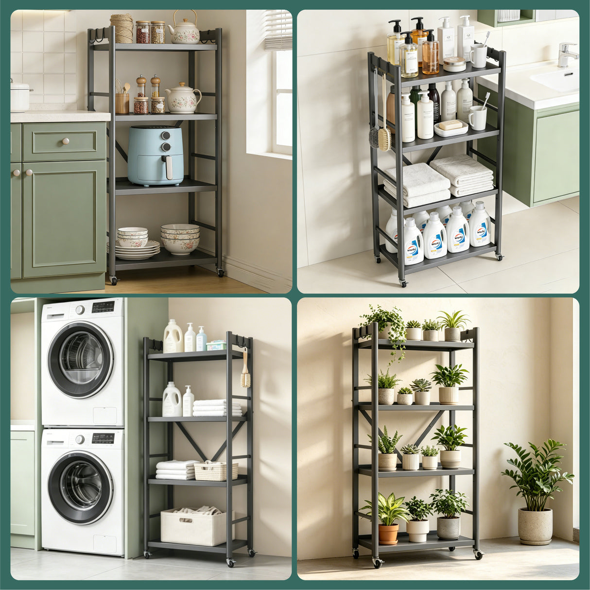 Glasvilla Scaffale da Cucina a 4 Ripiani con Ruote, Carrello da Cucina in Metallo Pieghevole, 4 Ganci Laterali, Portaoggetti per Condimenti, Pentole e Elettrodomestici, Grigio, 60x41x125cm, Reglo-13