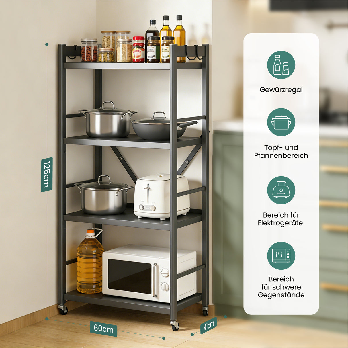 Glasvilla Scaffale da Cucina a 4 Ripiani con Ruote, Carrello da Cucina in Metallo Pieghevole, 4 Ganci Laterali, Portaoggetti per Condimenti, Pentole e Elettrodomestici, Grigio, 60x41x125cm, Reglo-13