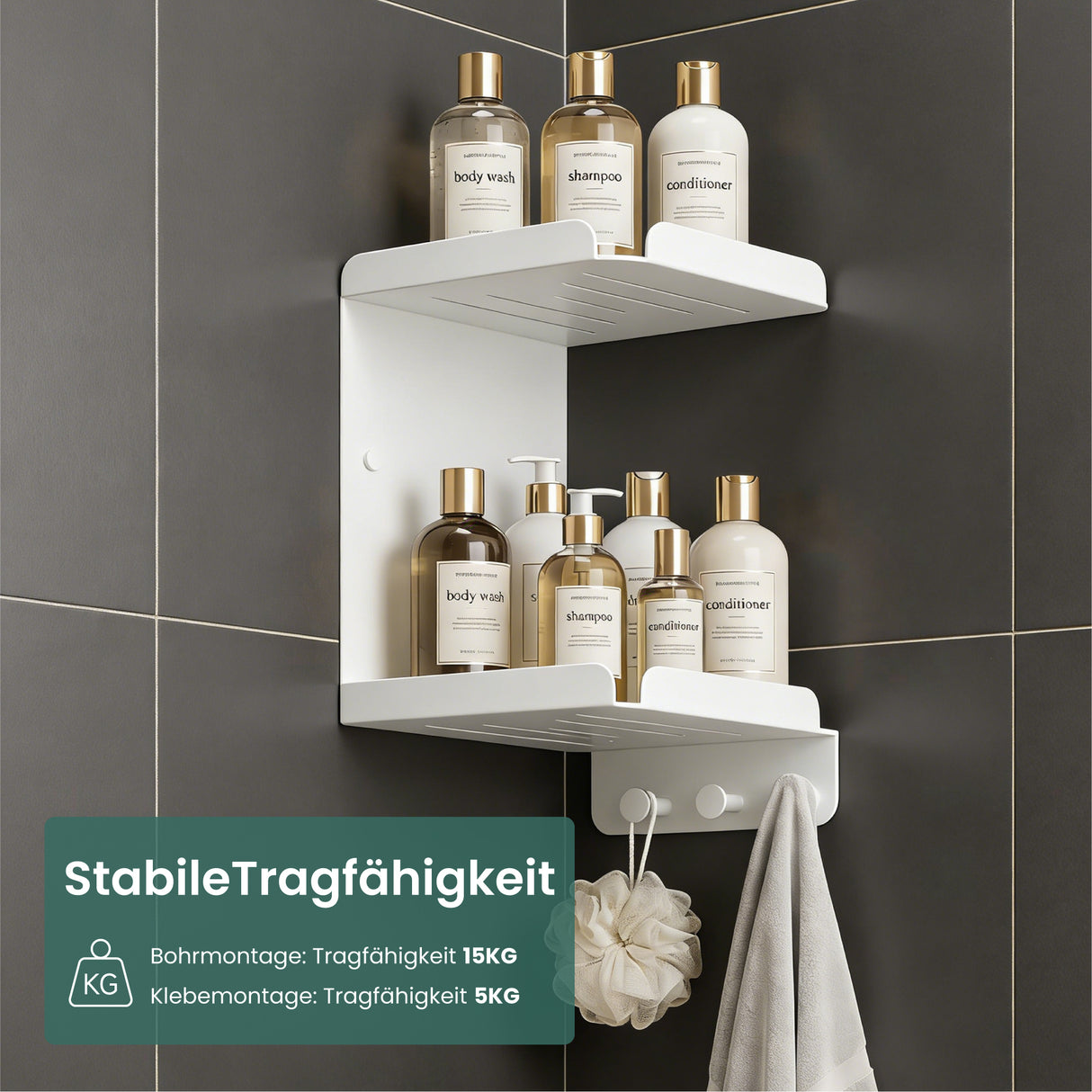 glasvilla Duschablage zum Bohren oder Kleben, Duschregal mit 3 Haken, Badezimmerablage zur Wandmontage, Badezimmer Organizer Reglo-14