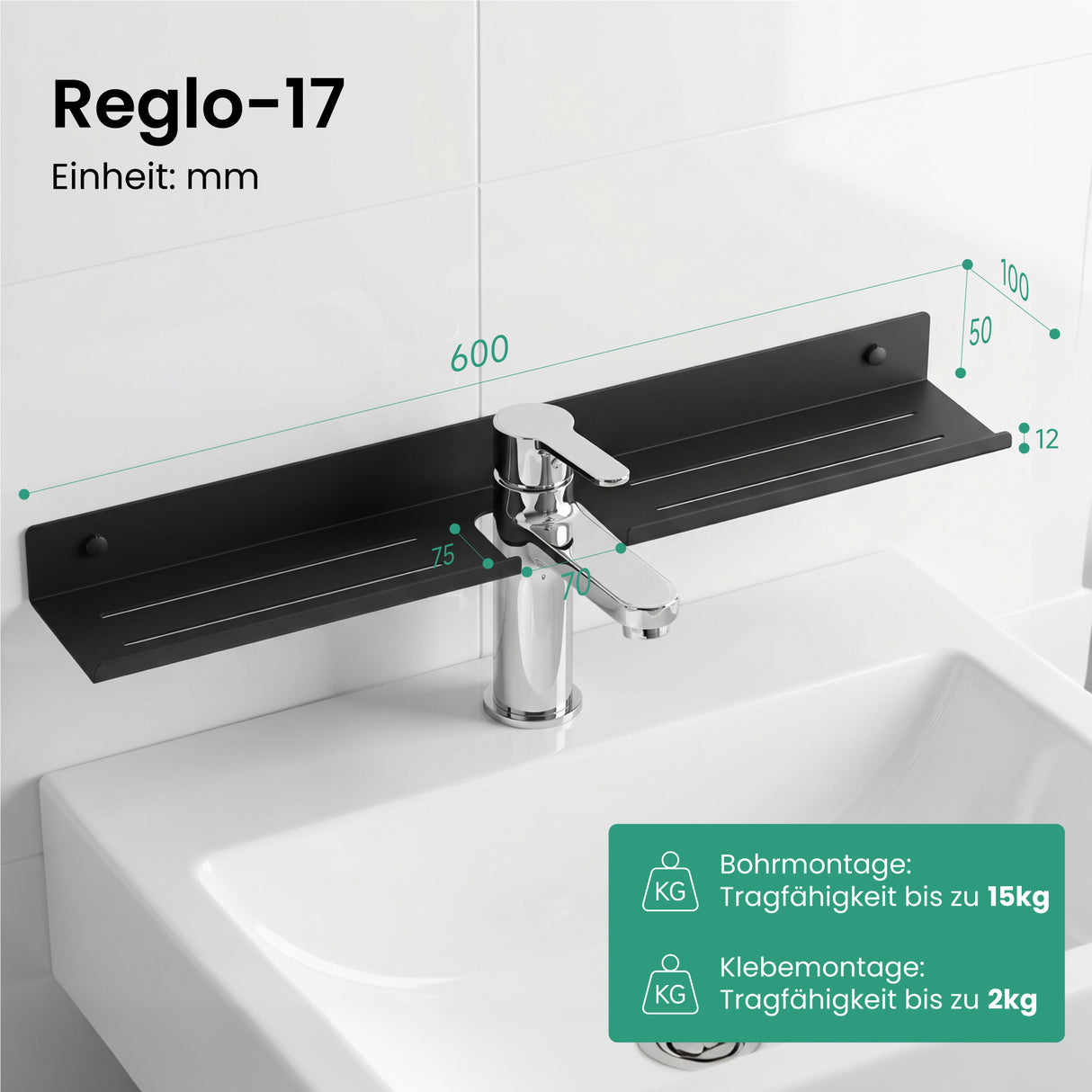 Glasvilla Duschregal zum Bohren oder Kleben, Waschbeckenregal über Wasserhahn, Wandregal für Küche und Bad, Badezimmer Organizer  Reglo-17