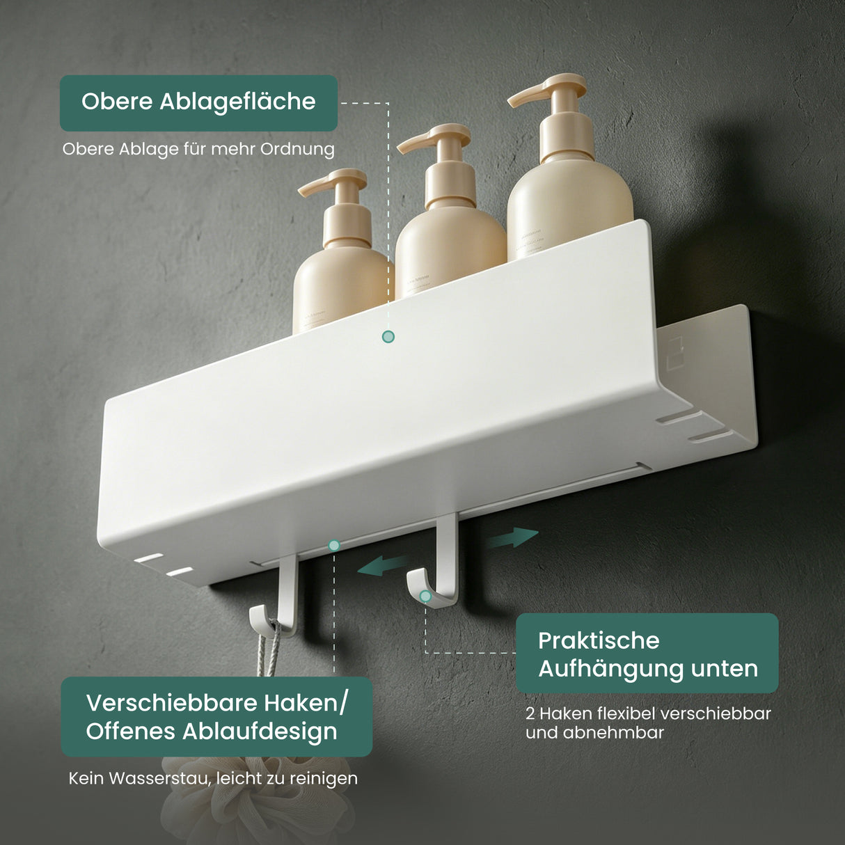 glasvilla Duschablage ohne Bohren mit 2 Schiebehaken,  Reglo-18 40cm | Duschregal ohne Bohren oder mit Bohren, Ablaufdesign Badezimmer Organizer, Metall, Shampoo Halterung für Dusche, Bad & Küche