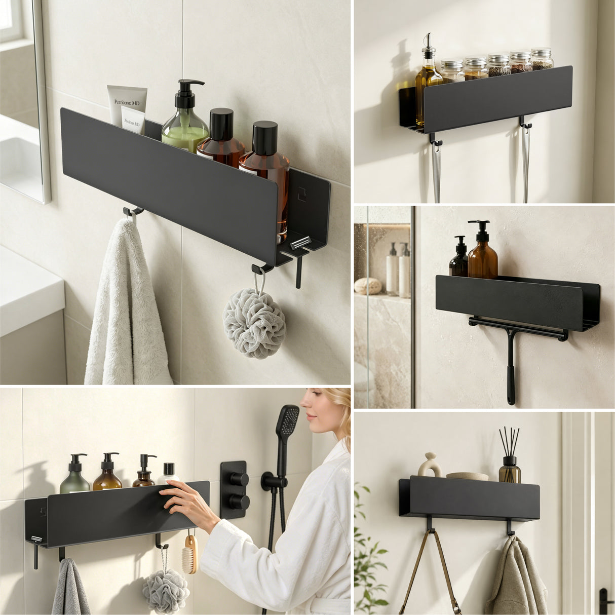 glasvilla Duschablage ohne Bohren mit 2 Schiebehaken,  Reglo-18 40cm | Duschregal ohne Bohren oder mit Bohren, Ablaufdesign Badezimmer Organizer, Metall, Shampoo Halterung für Dusche, Bad & Küche