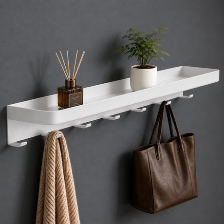 glasvilla Wandgarderobe mit Ablage, Garderobenleiste  50cm, Reglo-20 | Inkl.7 Garderobenhaken; als Wandhaken oder Kleiderhaken, Klebe- oder Bohrmontage, für Bad, Küche, Flur