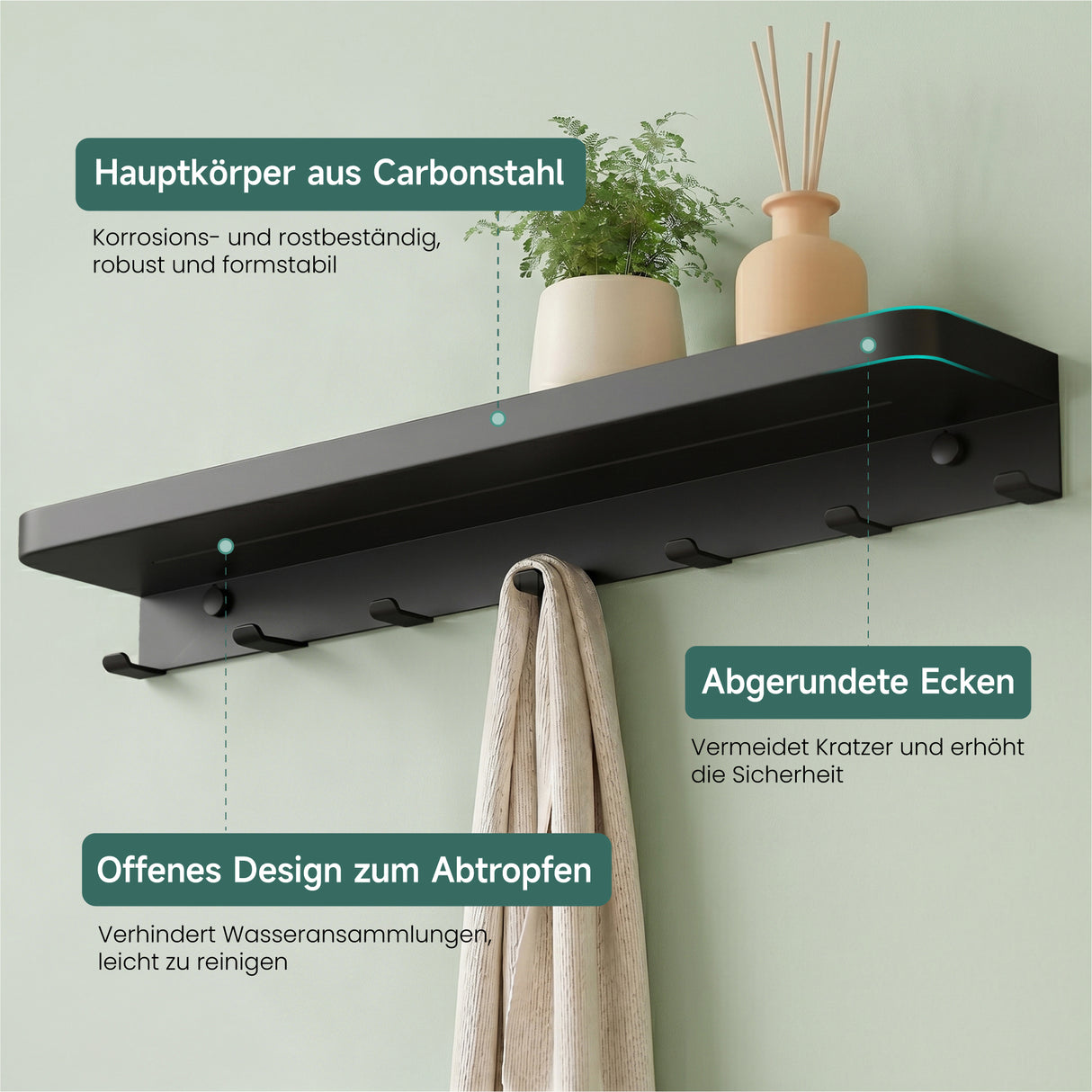 glasvilla Wandgarderobe mit Ablage, Garderobenleiste  50cm, Reglo-20 | Inkl.7 Garderobenhaken; als Wandhaken oder Kleiderhaken, Klebe- oder Bohrmontage, für Bad, Küche, Flur