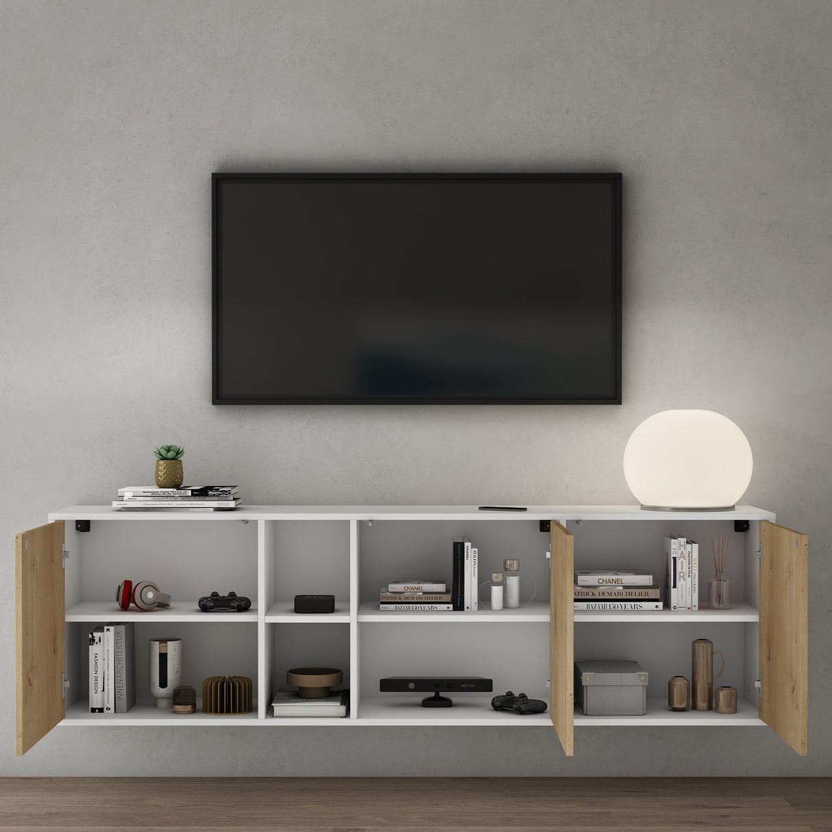 Meuble de rangement Glasvilla avec 3 portes et 2 compartiments, commode, buffet, beaucoup d'espace de rangement pour le salon Schrank02