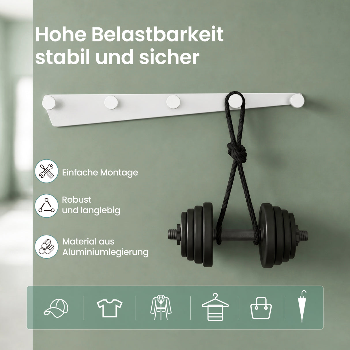 glasvilla Garderobenhaken zum Bohren oder Kleben, Kleiderhaken aus Aluminiumlegierung, Garderobenleiste mit 5 Haken, Hakenleiste  Stalo-18