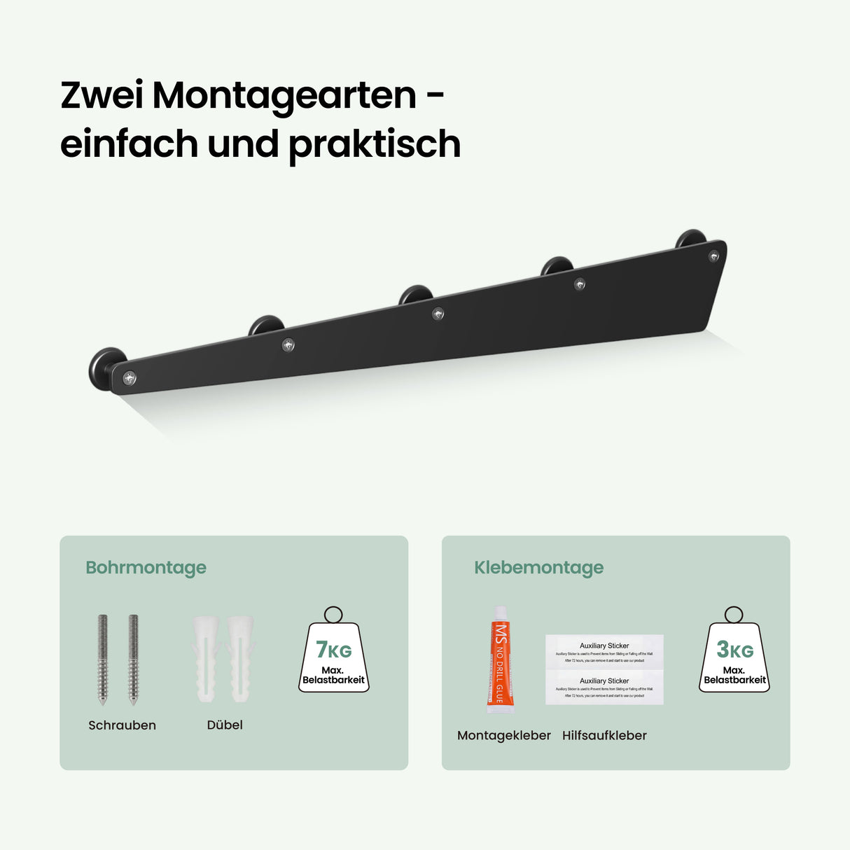 glasvilla Garderobenhaken zum Bohren oder Kleben, Kleiderhaken aus Aluminiumlegierung, Garderobenleiste mit 5 Haken, Hakenleiste  Stalo-18