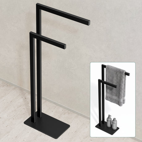 glasvilla Porte-serviettes sur pied à 2 barres, Porte-serviettes sans perçage en acier inoxydable, Porte-serviettes de bain autoportant Tavrin-02