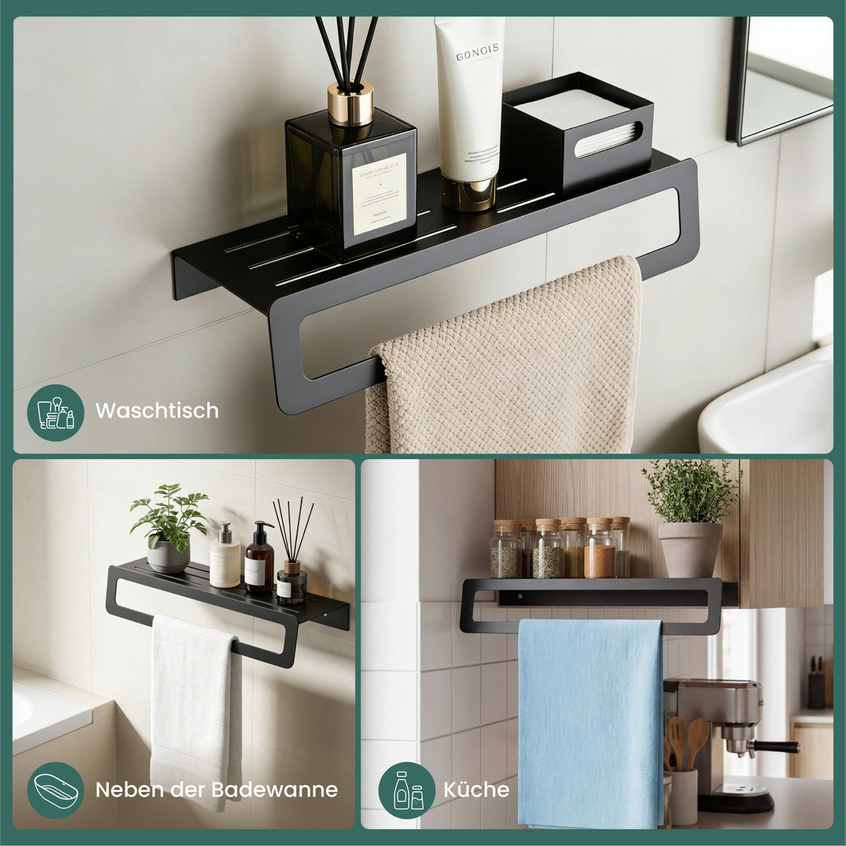 glasvilla Porte-serviettes avec étagère, porte-serviettes mural à percer ou à coller, porte-serviettes pour salle de bain et cuisine Tavrin-04