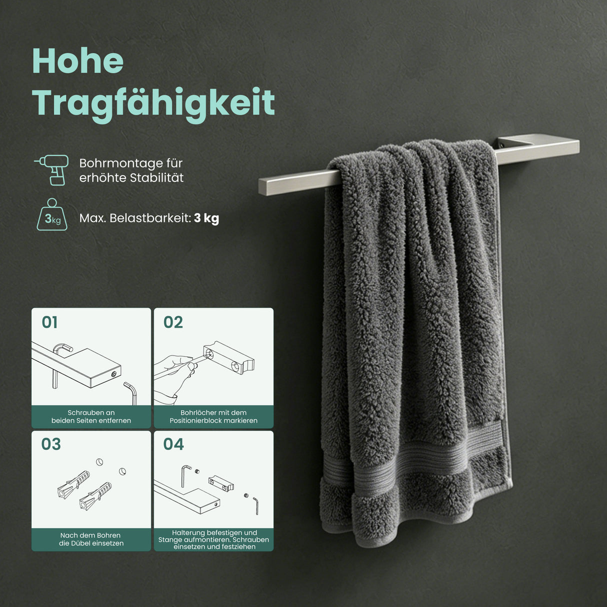 glasvilla Handtuchhalter aus Edelstahl, Handtuchstange  38cm | Hantuchhalterung Wandmontage für Bad & Küche, Badetuchhalter Einarmig Tavrin-05