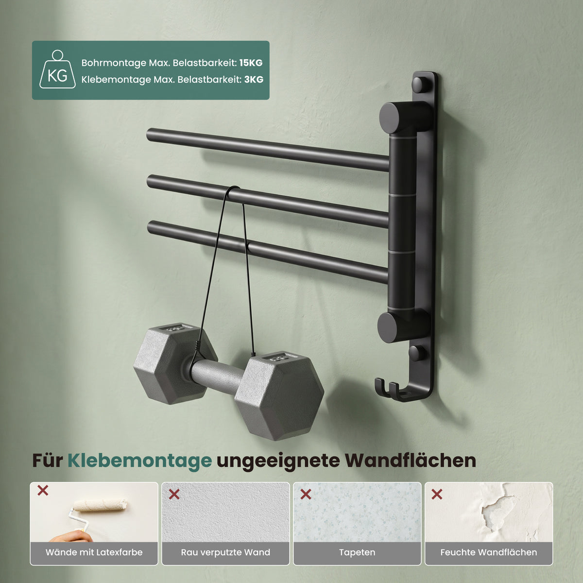 glasvilla Handtuchhalter 180° Schwenkbar 3-armig aus Edelstahl  Handtuchhalterung Badetuchhalter ohne Bohren oder mit Bohren, 3-Stangen Handtuchstange für Bad und Küche, Tavrin-06