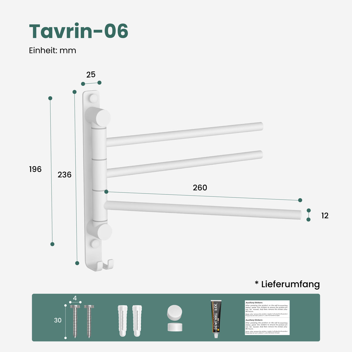 glasvilla Handtuchhalter 180° Schwenkbar 3-armig aus Edelstahl  Handtuchhalterung Badetuchhalter ohne Bohren oder mit Bohren, 3-Stangen Handtuchstange für Bad und Küche, Tavrin-06