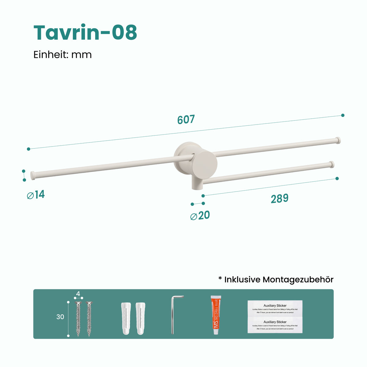 glasvilla Handtuchhalter ohne Bohren, 360° schwenkbar,  Wand-Handtuchhalter aus Aluminium, 60,7 cm, selbstklebend oder zum Bohren, verstellbar, für Hand- & Badetücher, Tavrin-08