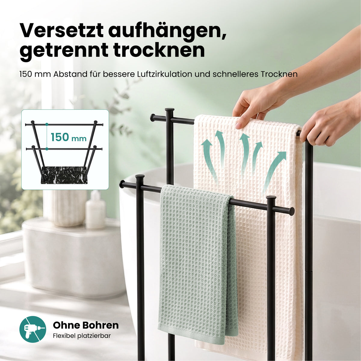 glasvilla Handtuchständer freistehend mit 2 Stangen, Handtuchhalter stehend Handtuchhalter ohne Bohren 55 × 20 × 82,5 , Edelstahl, Mineralstein-Sockel mit Ablage, Tavrin-09