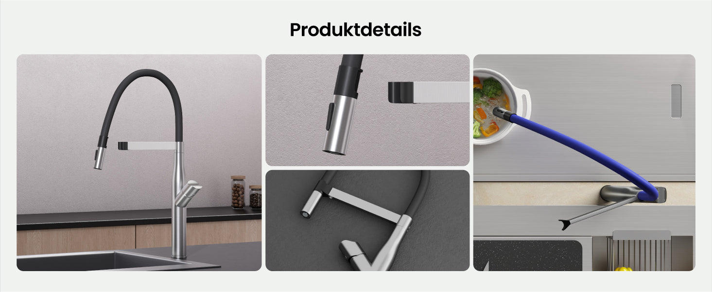 glasvilla Robinet de cuisine, mitigeur d'évier en acier inoxydable, mitigeur de cuisine avec douchette à vaisselle magnétique, pivotant à 360° Turnix-01