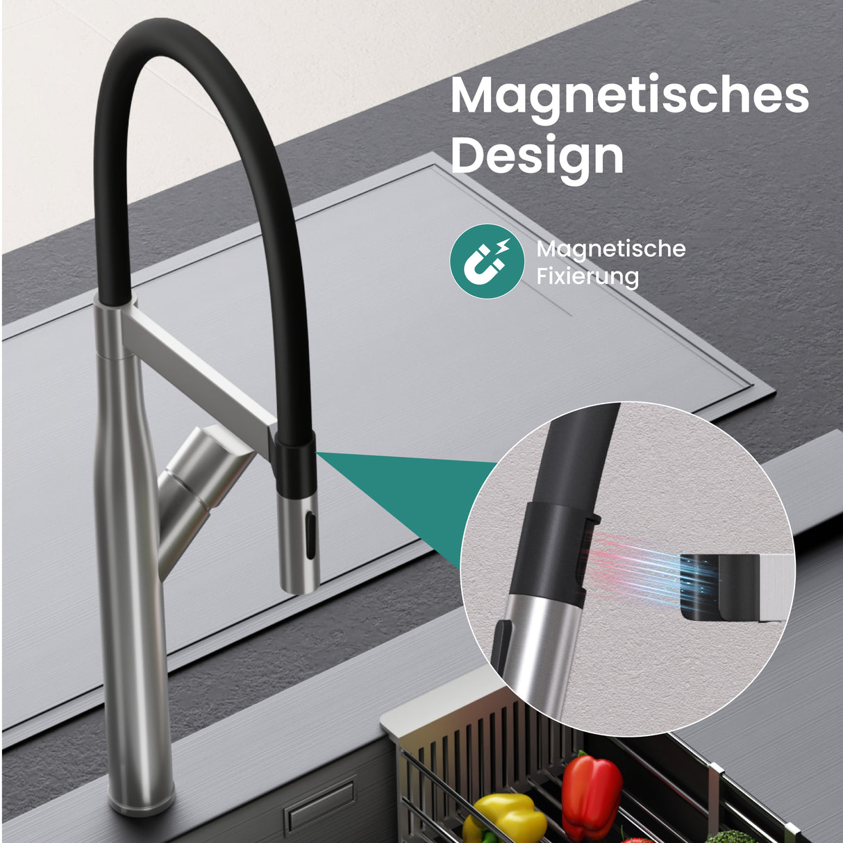 glasvilla Küchenarmatur Spültischarmatur aus Edelstahl, Küchenwasserhahn mit Einhebelmischer und magnetischer Geschirrbrause, 360° Schwenkbar Turnix-01