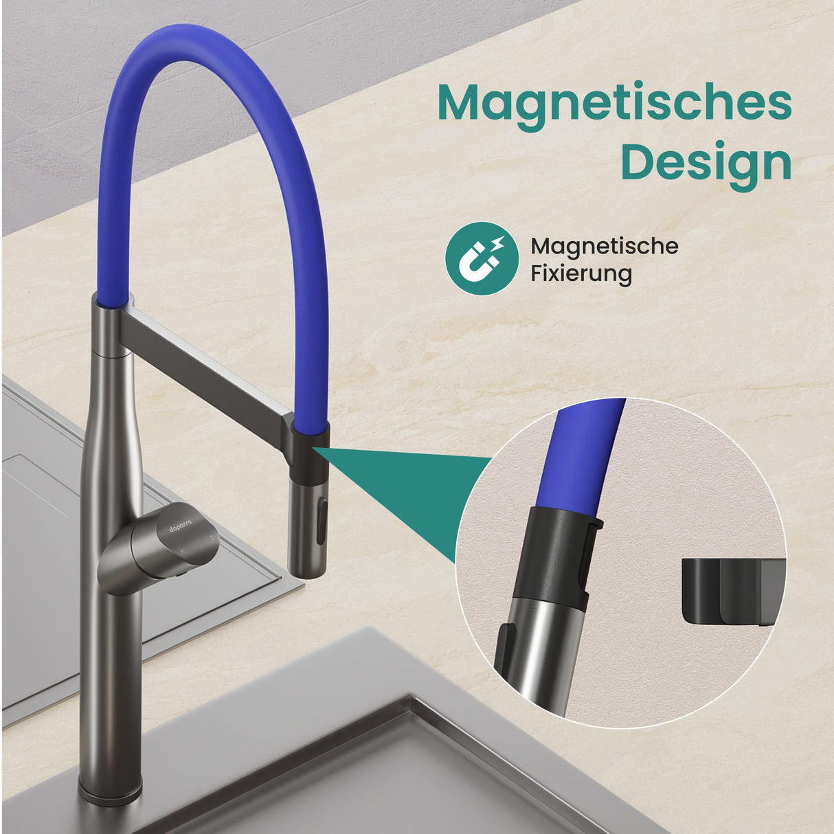 glasvilla Küchenarmatur Spültischarmatur aus Edelstahl, Küchenwasserhahn mit Einhebelmischer und magnetischer Geschirrbrause, 360° Schwenkbar Turnix-01